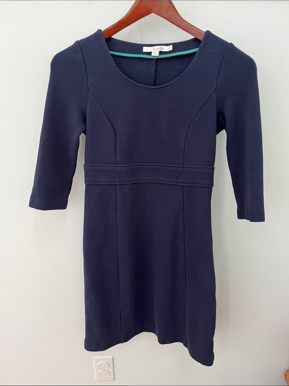 Boden Texture Cotton Ponte Knit Dress in navy blue with 3/4 sleeves